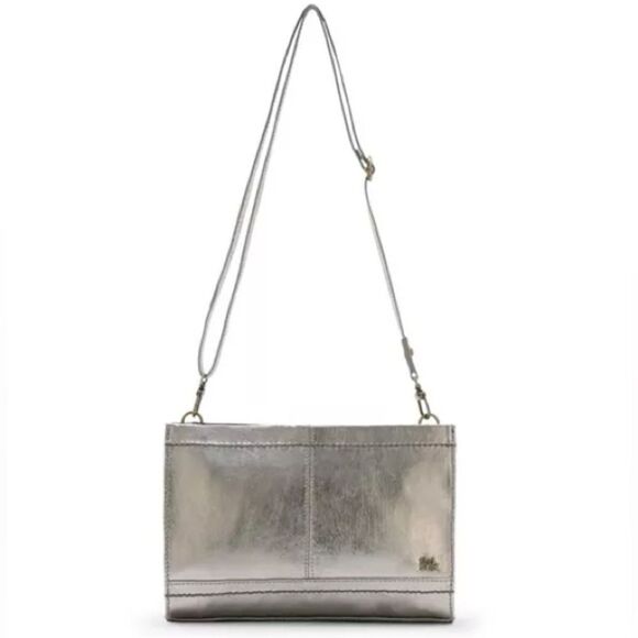 The Sak Iris Silver Leather Crossbody Clutch New - Picture 1 of 9